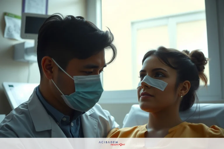 How Much Does It Cost to Do Rhinoplasty? This image captures a medical scene with two main subjects. On the left, there is a male figure wearing a surgical mask, likely indicating that he is a healthcare professional. On the right side of the image, there's a female figure lying down on a hospital bed.