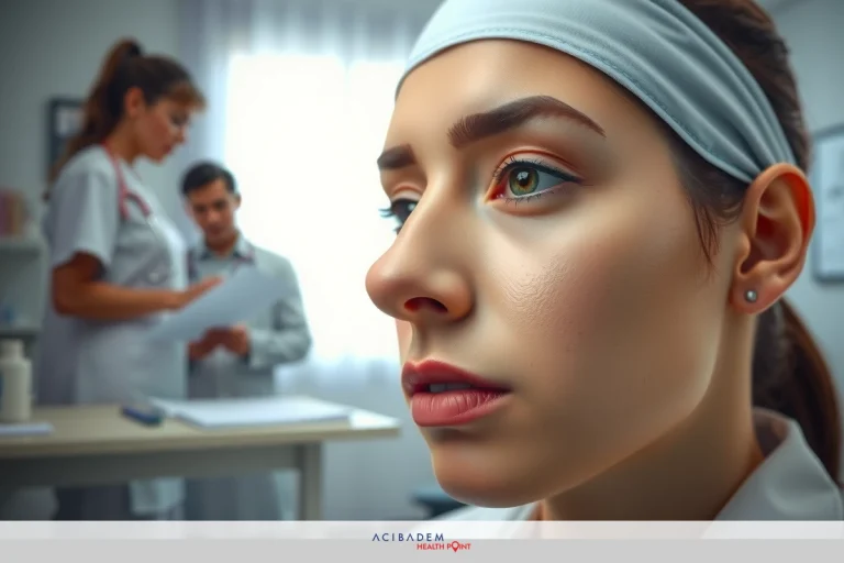 How to Get Rid of a Bruise Post Rhinoplasty The image shows a woman in medical attire with her face close to the camera, giving an intimate view of her facial features. She has a neutral expression and appears to be focused on something.