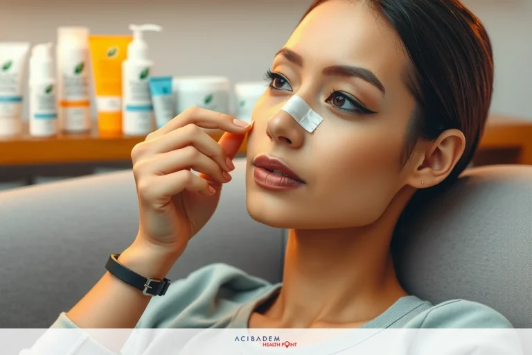 A woman lying down with her eyes closed, holding a face mask to her nose. She is in front of a table with multiple skincare products.