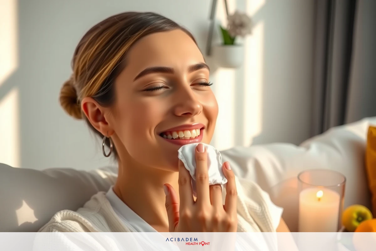 The image features a woman sitting on a couch indoors, appearing relaxed and content. She has her eyes closed and is smiling, suggesting she may be enjoying the scent of essential oils.