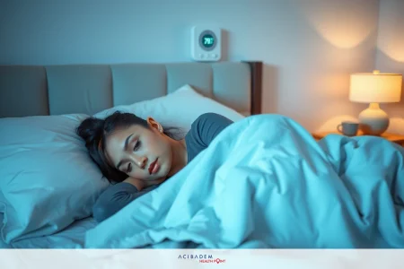 How to Sleep Well After Rhinoplasty The image shows a young woman lying in bed. She is wearing dark clothing and her eyes are closed, suggesting she might be asleep or resting. The room appears to be quiet and dimly lit, with a nightstand on one side of the bed.