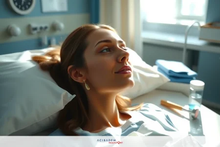 How to Quickly Reduce Swelling After Rhinoplasty The image shows a woman lying in a hospital bed with her head turned to the side. She appears to be in some discomfort or distress, possibly due to illness or injury.