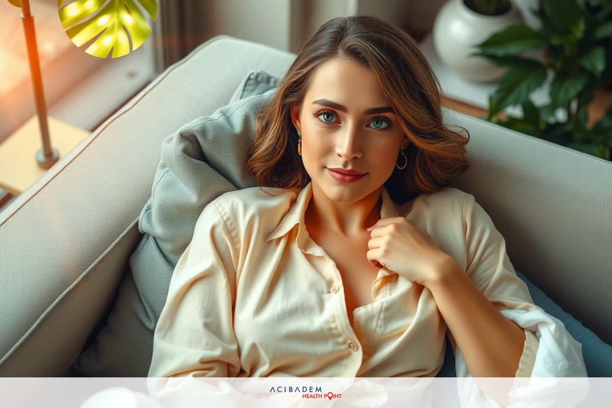 Woman seated on couch, wearing cream blouse. She has light brown hair and is looking at the camera with a slight smile. Sunlight shines in the background through window.