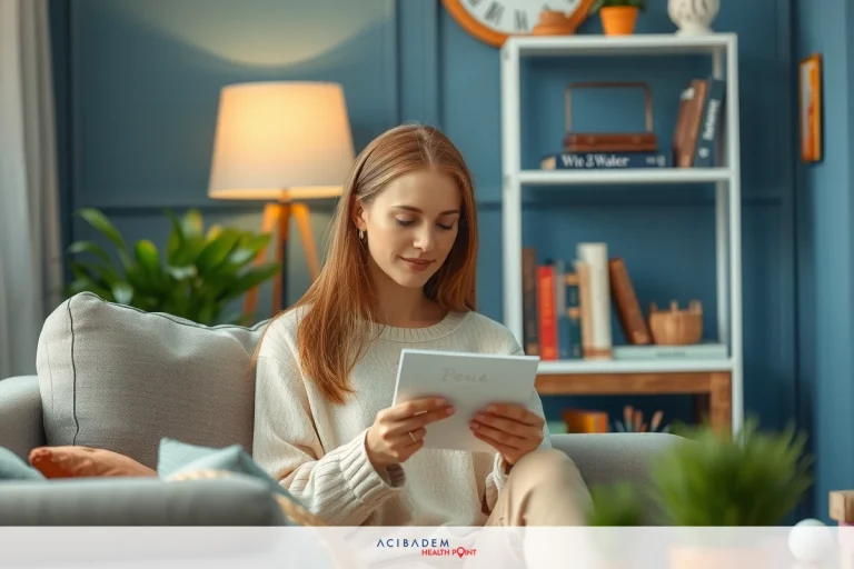 How to Not Be Bored After Rhinoplasty Recovery This is an image of a young woman sitting on a couch in what appears to be a cozy living room setting. She is looking down at a piece of paper or a card in her hands.