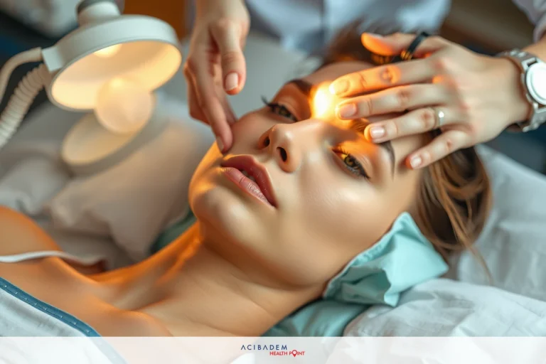 Medical professional working on patient's skin. Woman lying down with her head supported, being treated by healthcare worker using specialized lighting and equipment.