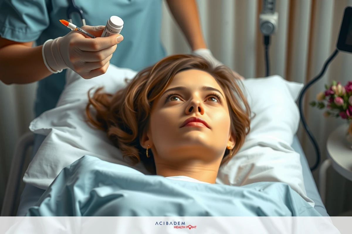 A woman lying on a hospital bed with medical professionals around her. The environment suggests an operating room scenario with staff in scrubs performing their duties.