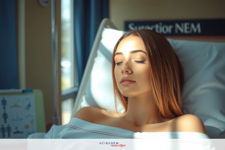 The image shows a woman lying in a hospital bed. She is wearing a white gown and appears to be resting or possibly sleeping. The environment suggests a medical setting, likely a hospital room. The colors are muted with the dominant tones being white, blue, and green, contributing to a calm and clinical atmosphere. The context of the image is somber, indicative of her possible illness or recovery process.