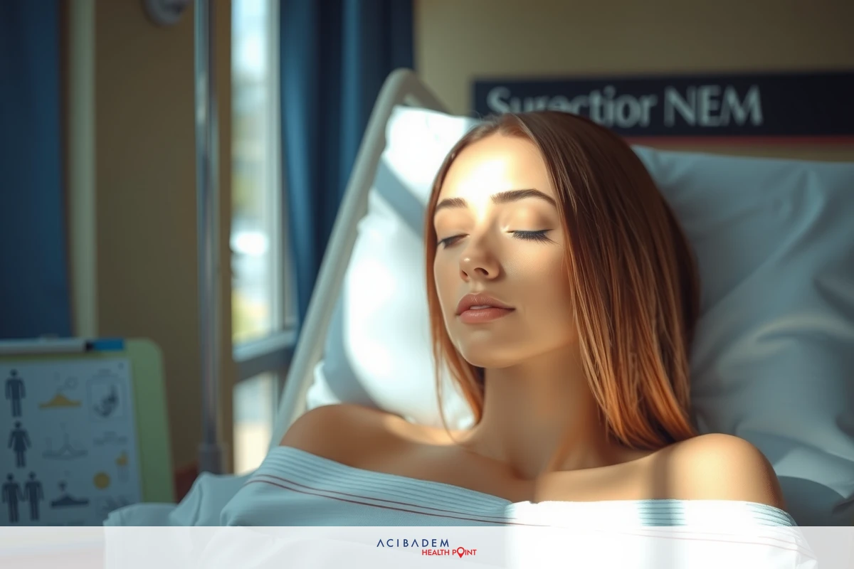 The image shows a woman lying in a hospital bed. She is wearing a white gown and appears to be resting or possibly sleeping. The environment suggests a medical setting, likely a hospital room. The colors are muted with the dominant tones being white, blue, and green, contributing to a calm and clinical atmosphere. The context of the image is somber, indicative of her possible illness or recovery process.