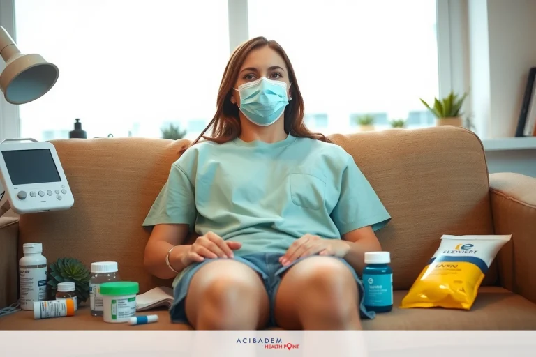 Is it Bad to Have Rhinoplasty After a Septoplasty? A woman sitting on a couch with medical supplies, including medications and a stethoscope. She is wearing a surgical gown and has a mask over her mouth. The setting appears to be an informal healthcare consultation at home.