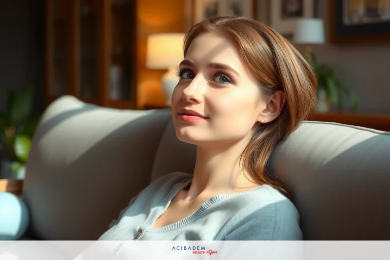 A woman sitting on a couch, looking thoughtful. She has light brown hair and is wearing a grey sweater. The room is well lit with natural sunlight coming through the window.