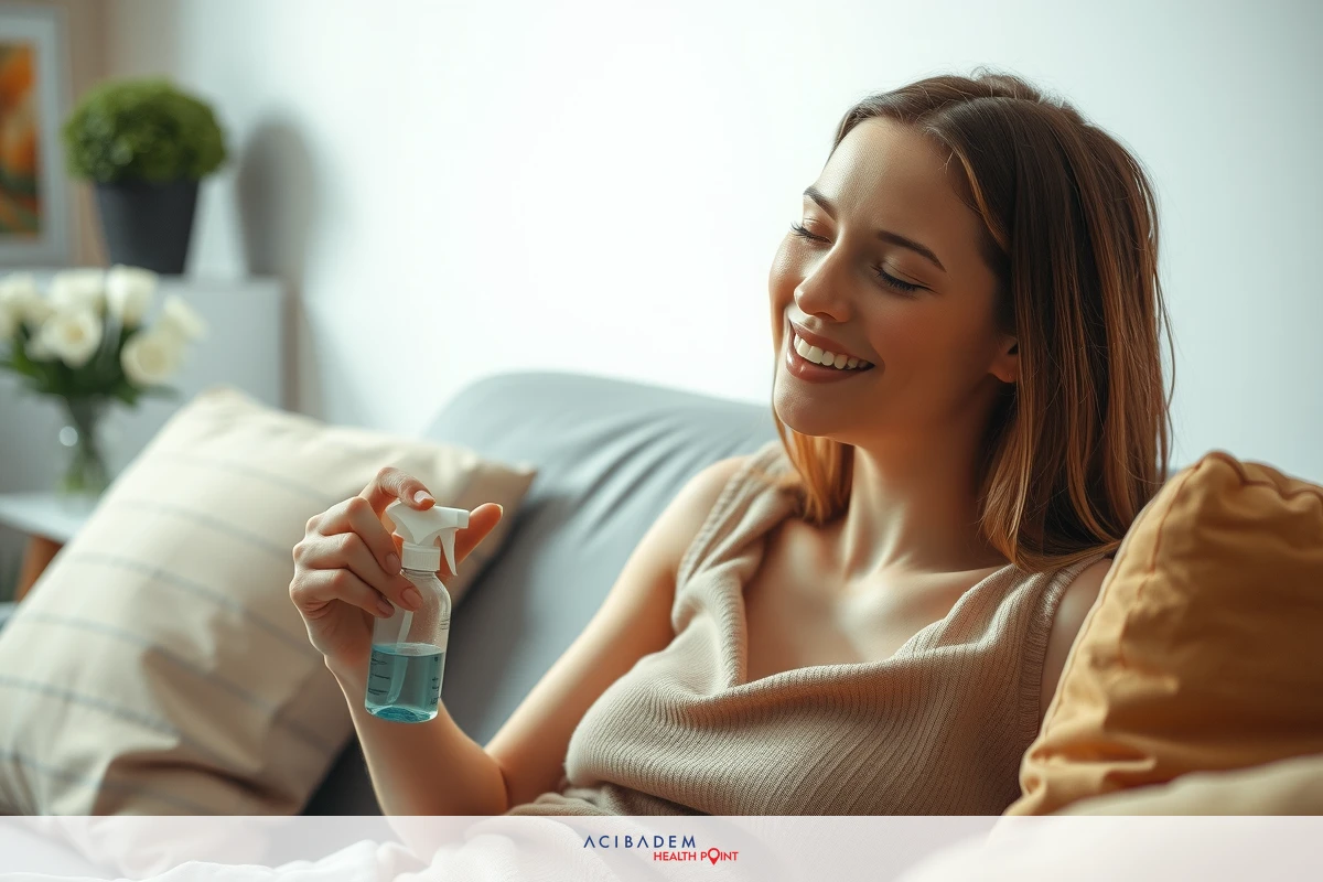 Woman sitting on a gray couch, smiling and holding a blue bottle, which appears to be an air freshener or deodorizer. The room is well-lit with natural light. She is dressed in a tan top.