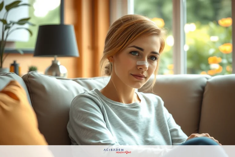 Woman with blonde hair seated on a couch in a warmly lit room, possibly contemplating or waiting for someone. Soft colors and comfortable furniture suggest an indoor living space.