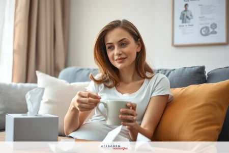 How to Stop Runny Nose After Rhinoplasty A woman is sitting comfortably on a couch, holding a mug. She appears to be sipping tea or coffee while relaxing in her living room.