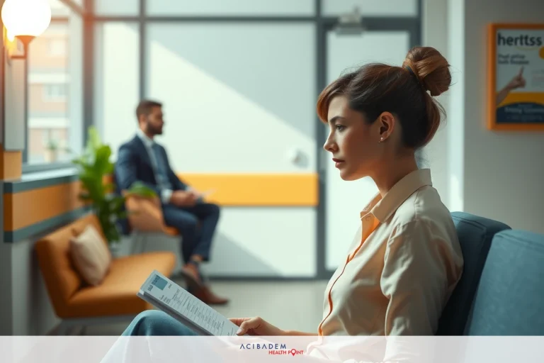 A modern, well-lit office space. There is a man and a woman, both dressed elegantly, probably waiting in a hallway or some kind of queue. The environment suggests a business or consultancy setting.