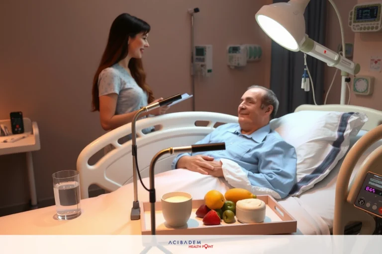 An elderly man is in a hospital bed, receiving care. A female healthcare worker stands beside him, holding an electronic device that appears to be a tablet or similar screen-based equipment. The environment suggests a medical setting with clinical furniture and lighting. There are various items on the tray in front of the patient, including water and fruit.