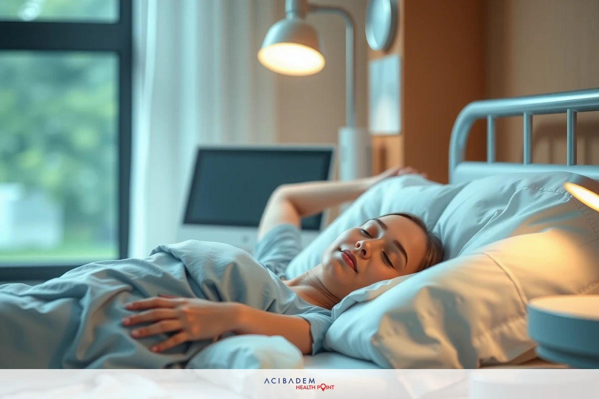 The image shows a person lying in a hospital bed with their eyes closed. The room has modern lighting and appears to be clean and well-maintained, suggesting an organized medical facility.