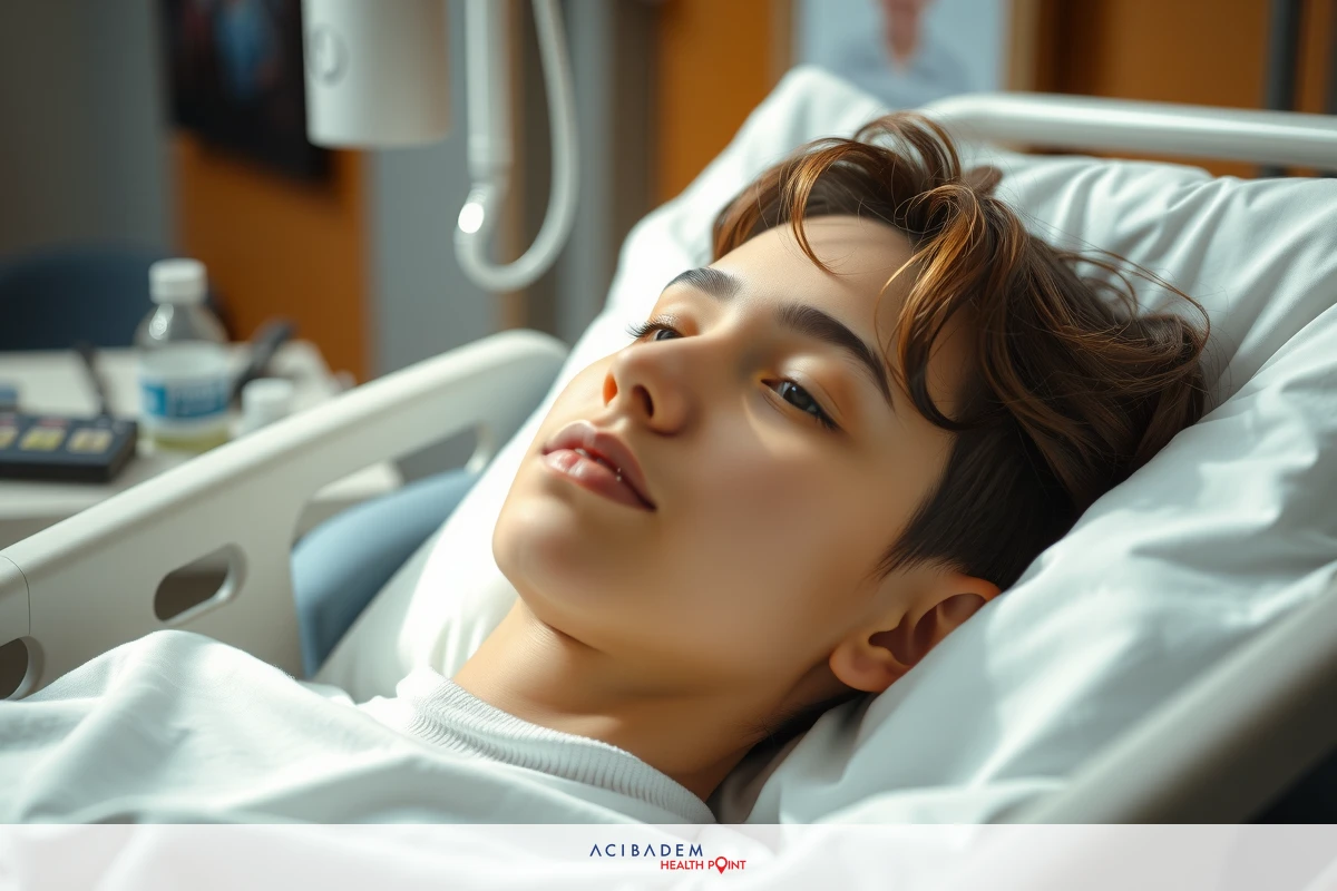 Image of young man lying in hospital bed with medical equipment around, looking calm and composed.