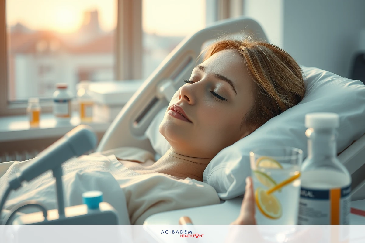 Sleeping woman in hospital bed. She has blonde hair and is smiling lightly, looking relaxed despite medical surroundings.