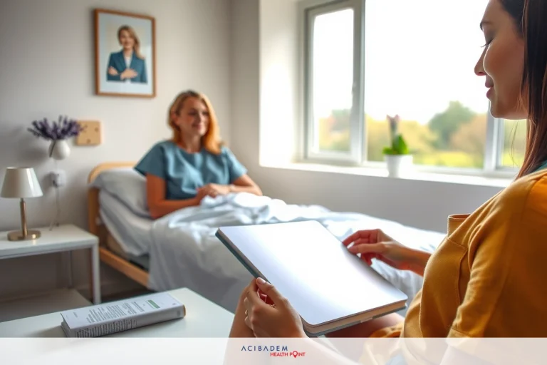 How to Stay Calm Before Rhinoplasty Two women in a room; one seated at a table with a notebook and clipboard, conversing with the other standing beside her, who is in a hospital bed. The setting suggests healthcare or medical consultation.