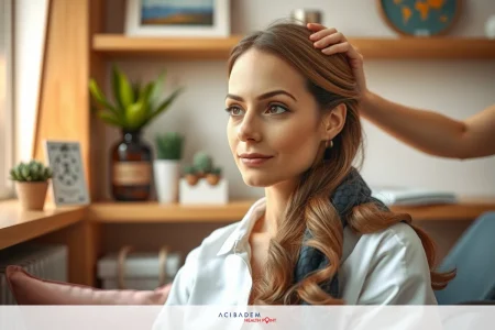 How to Wash My Hair After Rhinoplasty A professional hairdresser working on a woman's hair in a modern salon, with an assistant observing from behind. The atmosphere is calm and focused, as indicated by the neatly arranged workspace with potted plants and stylish interior.