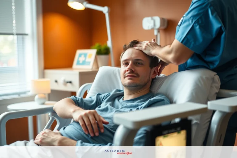 The image shows a man lying in a hospital bed with medical staff. The man appears to be ill, and one of the doctors is checking his head. They are surrounded by typical hospital equipment. The scene has an atmosphere of care and professionalism.