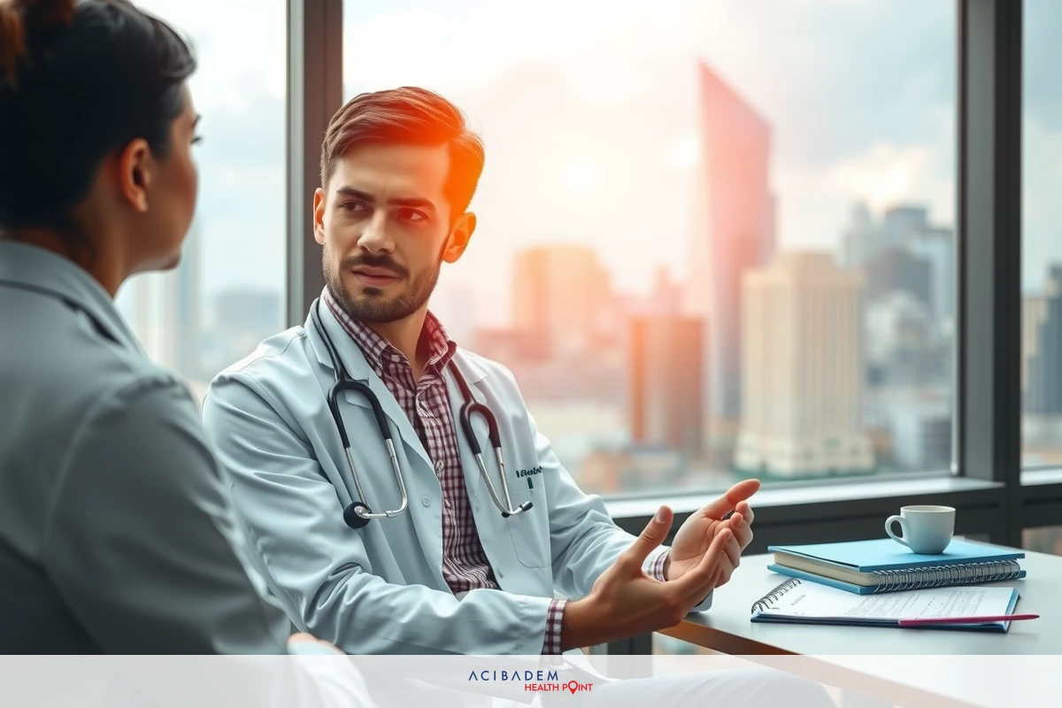 A doctor in a white coat sitting at a desk with papers discussing health matters with another person. The office has large windows showing the city skyline. Bright sunlight shines through the window, illuminating the room.