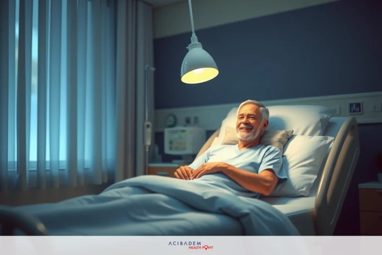How to Sit After Rhinoplasty The image depicts an older man lying in a hospital bed. He has white hair and is smiling, appearing content or at ease. The room seems to be dimly lit with subdued colors, suggesting a medical setting.