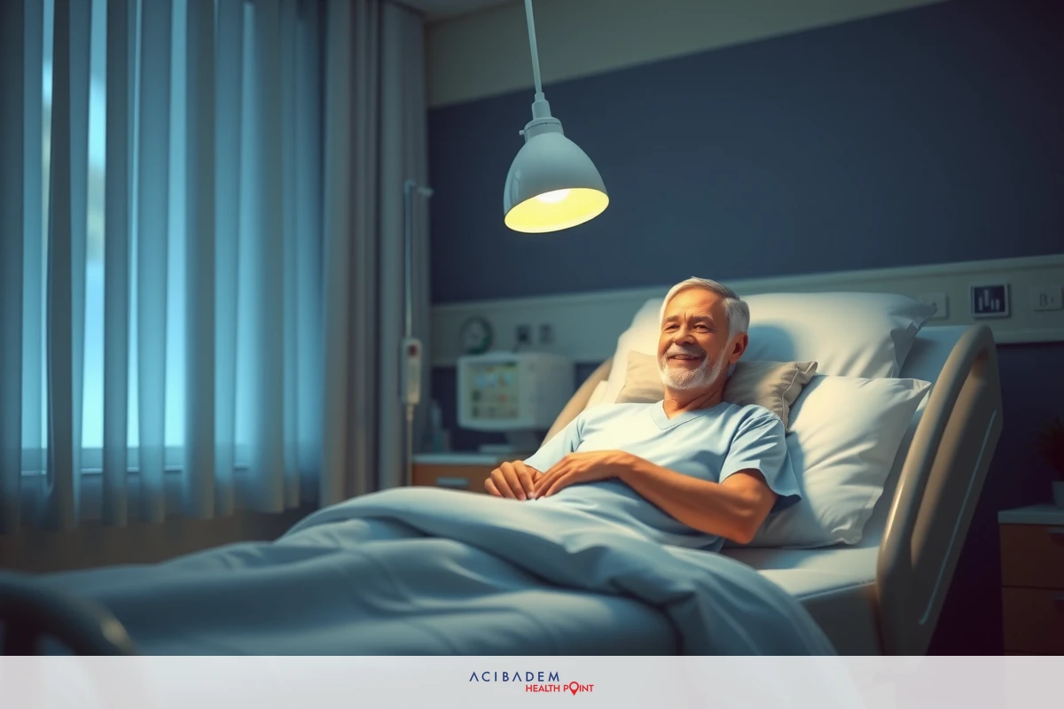 The image depicts an older man lying in a hospital bed. He has white hair and is smiling, appearing content or at ease. The room seems to be dimly lit with subdued colors, suggesting a medical setting.