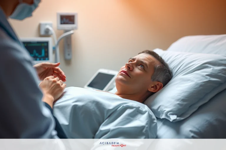 In a clinical setting, a male patient is lying on a hospital bed with medical equipment nearby. A healthcare professional wearing personal protective gear is attending to the patient's needs.