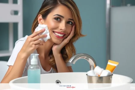 A woman smiling at the camera while she washes her face with soap, set in a brightly lit bathroom environment.
