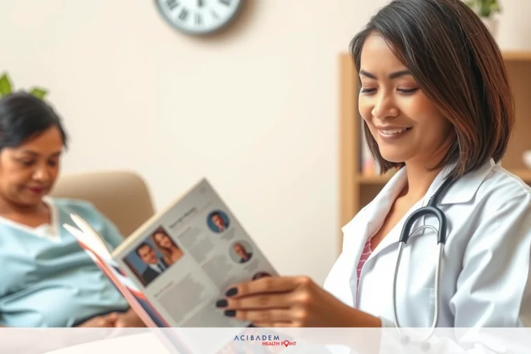 The image depicts a doctor in a waiting room, reading an open book with patient photographs. The doctor is standing and smiling at the camera while holding the book.