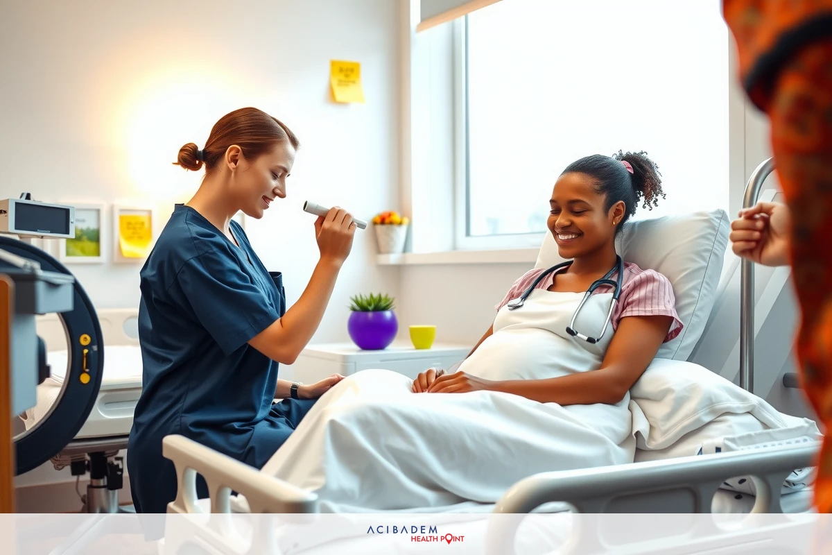 In the image, a medical professional is attending to a patient in a hospital room. The nurse is on the right side of the bed, holding an electronic device and applying it to the patient's body. They are both smiling, suggesting a positive interaction between them. The room has typical medical equipment and supplies, contributing to the clinical setting.