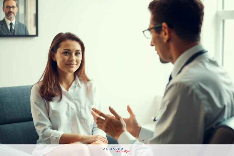 An office setting with a young woman sitting across from a man who appears to be discussing something. The man is dressed in professional attire with a tie, while the woman seems attentive during their conversation.
