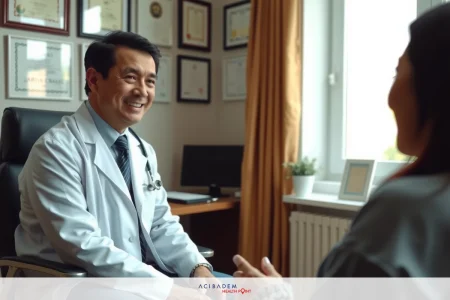 How to Look for a Rhinoplasty Surgeon A smiling, male doctor in a white coat sitting at a desk with papers and framed certificates behind him. A woman is seated across from him in his office.