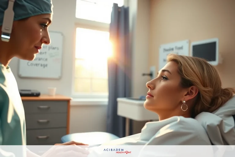 In a brightly lit hospital room, a woman in scrubs is attentively examining the patient. The nurse's hand rests gently on the patient's chest while she listens.