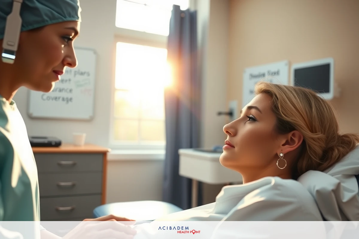 In a brightly lit hospital room, a woman in scrubs is attentively examining the patient. The nurse's hand rests gently on the patient's chest while she listens.