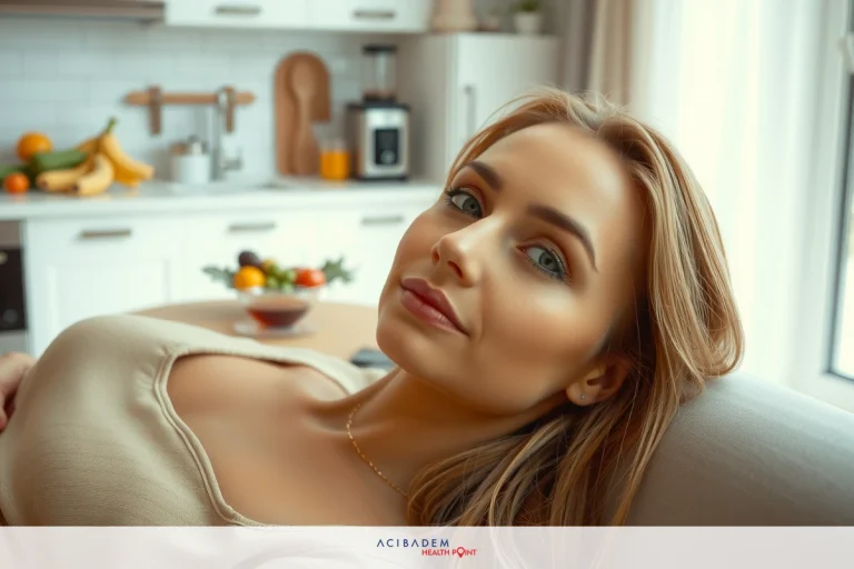 How to Reduce Swelling 1 Month After Rhinoplasty Woman reclining in a modern kitchen with white appliances and a colorful fruit bowl, smiling lightly, leaning on her hand while seated comfortably.