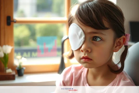 The image features a young girl with one eye covered by a medical patch. She is sitting indoors, looking slightly sad or reflective.