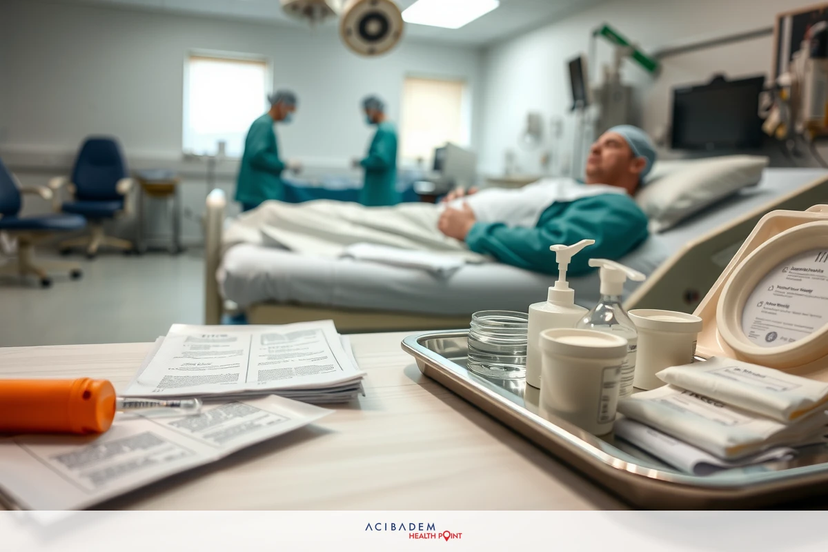 Medical setting with patient on bed surrounded by medical staff in surgical attire. Patient has wristband and is hooked up to heart rate monitor.