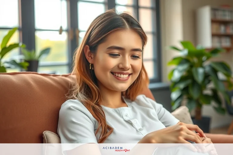This is a photo of a young woman sitting on a couch in an indoor environment. She has brown hair, is wearing glasses and smiling at the camera. The room has modern decor with books visible behind her. The overall color tone of the image is warm.