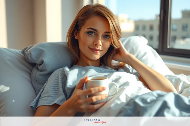 The image depicts a woman lying in bed, smiling and holding a cup of coffee. She appears to be relaxed and comfortable. The room has large windows that let in natural light, contributing to the calm atmosphere. Her attire suggests she is at home during a leisurely moment.