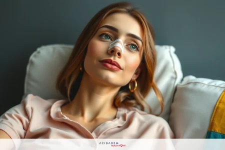 How to Tape Down Nose After Rhinoplasty The image depicts a woman lying down on what appears to be a couch, with her head propped up and wearing a medical dressing or bandage on her nose. She has long hair, is dressed in a light-colored top, and looks relaxed with her eyes closed. The setting seems calm and comfortable, possibly at home. The color palette includes soft pastels and neutral tones that create a soothing atmosphere.