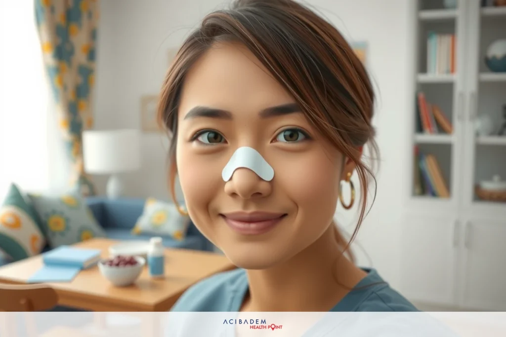 Young woman with a nose strip placed over her nostrils, smiling gently in the background of a home setting.