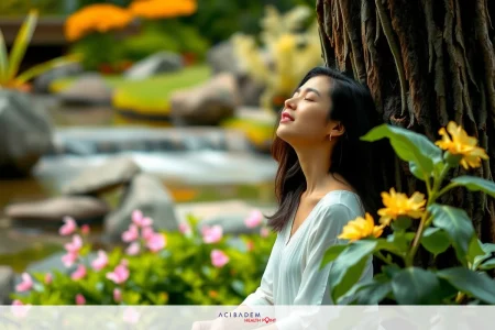 How to Stimulate the Nasal Cycle After Rhinoplasty A woman enjoying a peaceful moment in a garden, surrounded by blooming flowers, lush greenery and the tranquil sound of flowing water. The scene evokes a sense of serenity and connection with nature.
