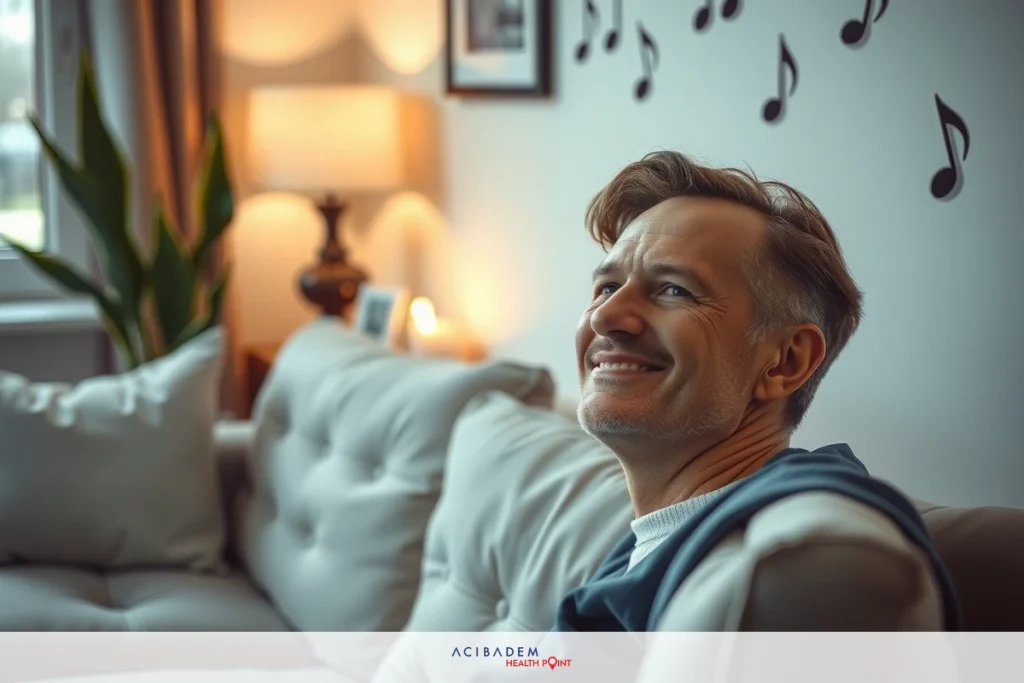 How to Reduce Swelling of Nose After Rhinoplasty This is a color photograph of an adult man seated comfortably on a sofa indoors. He has short brown hair and is wearing casual clothing with a light blue shirt underneath. His expression is one of surprise or amusement, indicated by his slightly raised eyebrows and a smile playing on his lips. The room around him suggests a cozy living area with soft lighting, possibly during the evening given the warm tones in the image.