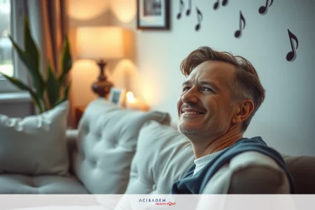 This is a color photograph of an adult man seated comfortably on a sofa indoors. He has short brown hair and is wearing casual clothing with a light blue shirt underneath. His expression is one of surprise or amusement, indicated by his slightly raised eyebrows and a smile playing on his lips. The room around him suggests a cozy living area with soft lighting, possibly during the evening given the warm tones in the image.