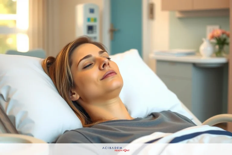 How to Tell If I Have Rhinoplasty The image features a woman lying down in a hospital bed. She appears relaxed with her eyes closed, and there is a tranquil ambiance to the setting. The room has a calming color palette with light blues and creams, and a window letting in natural light.