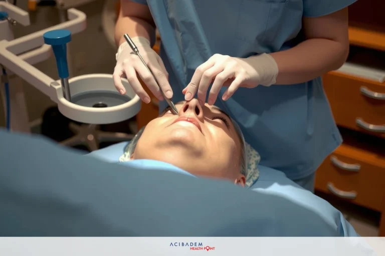 In the image, a patient is lying on an examination table. A surgeon or medical professional dressed in full medical attire stands over the patient, working on their face with surgical instruments.