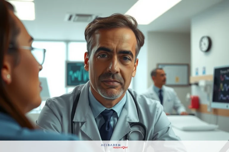 The image depicts a doctor in an examination room, engaged in conversation with a patient. The setting appears to be a modern medical facility with a professional and clean atmosphere.