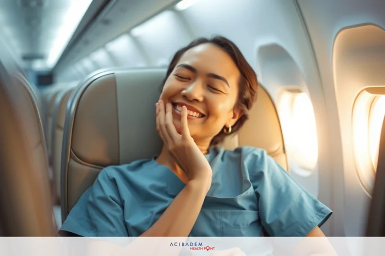 The image shows a smiling woman, wearing light blue scrubs, seated in an airplane seat. Her face is lit with a joyful expression. The surrounding environment suggests she is on board a plane, indicated by the window beside her and the rows of seats visible.